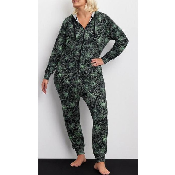 New Torrid 3X/4X Spiderweb Tattoo Punk Goth Hooded One Piece Union Suit Pajamas - Picture 1 of 4